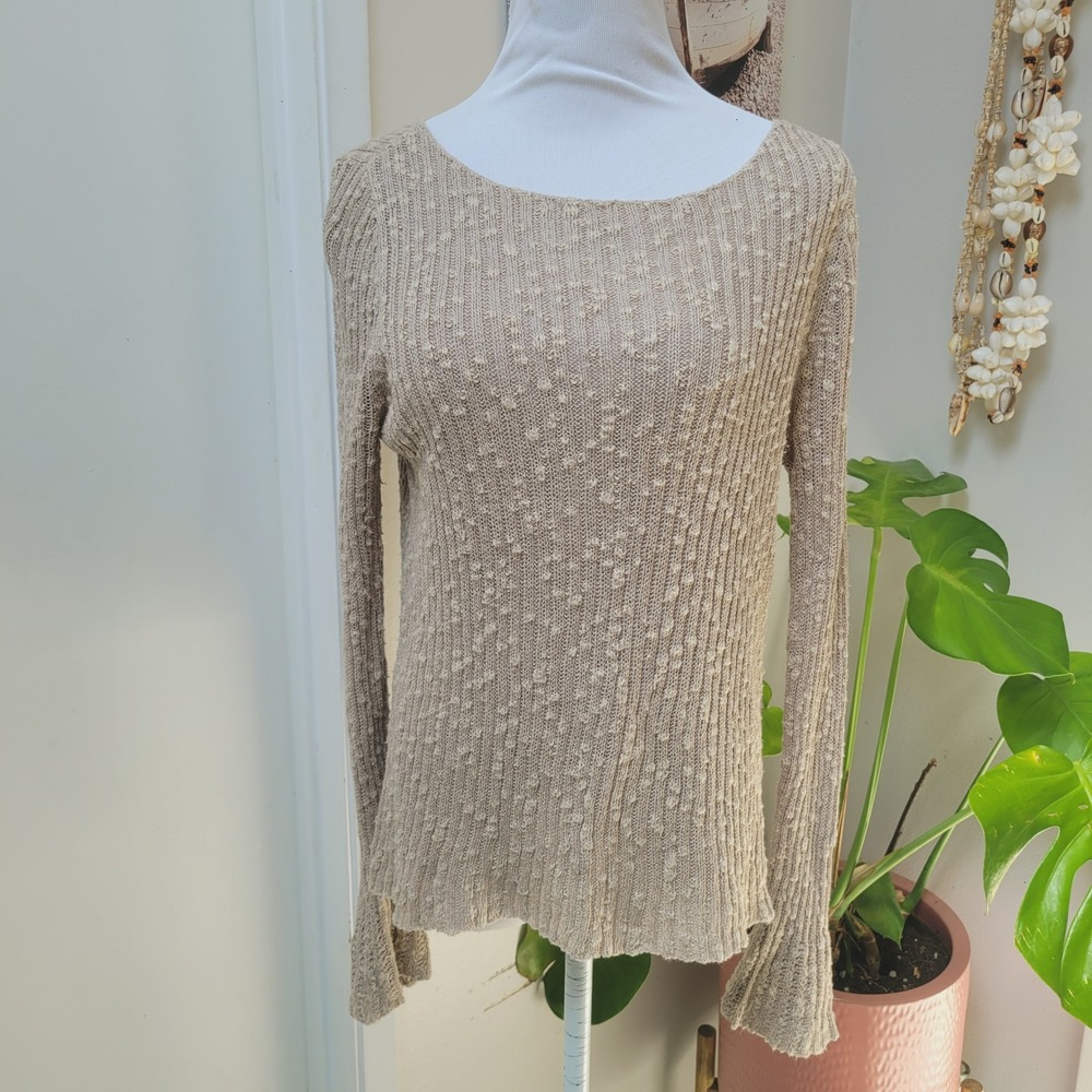 Eileen Fisher Knobby Knit Top Cotton Linen Blend Long Sleeve‎ Beige Small Casual